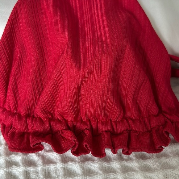 ARO Red Ruffle Textured Ribbed Triangle String Bikini Top - Picture 2 of 5